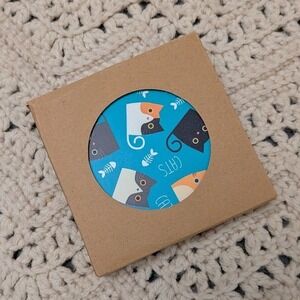 Cat Kitten Round Coaster Set of 4 Blue Purple Cream Multi Pattern New in Box